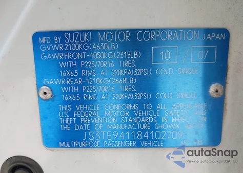 2008 Suzuki Grand Vitara Appearance/Appearance + z USA, uszkodzony, nr VIN JS3TE941184102709